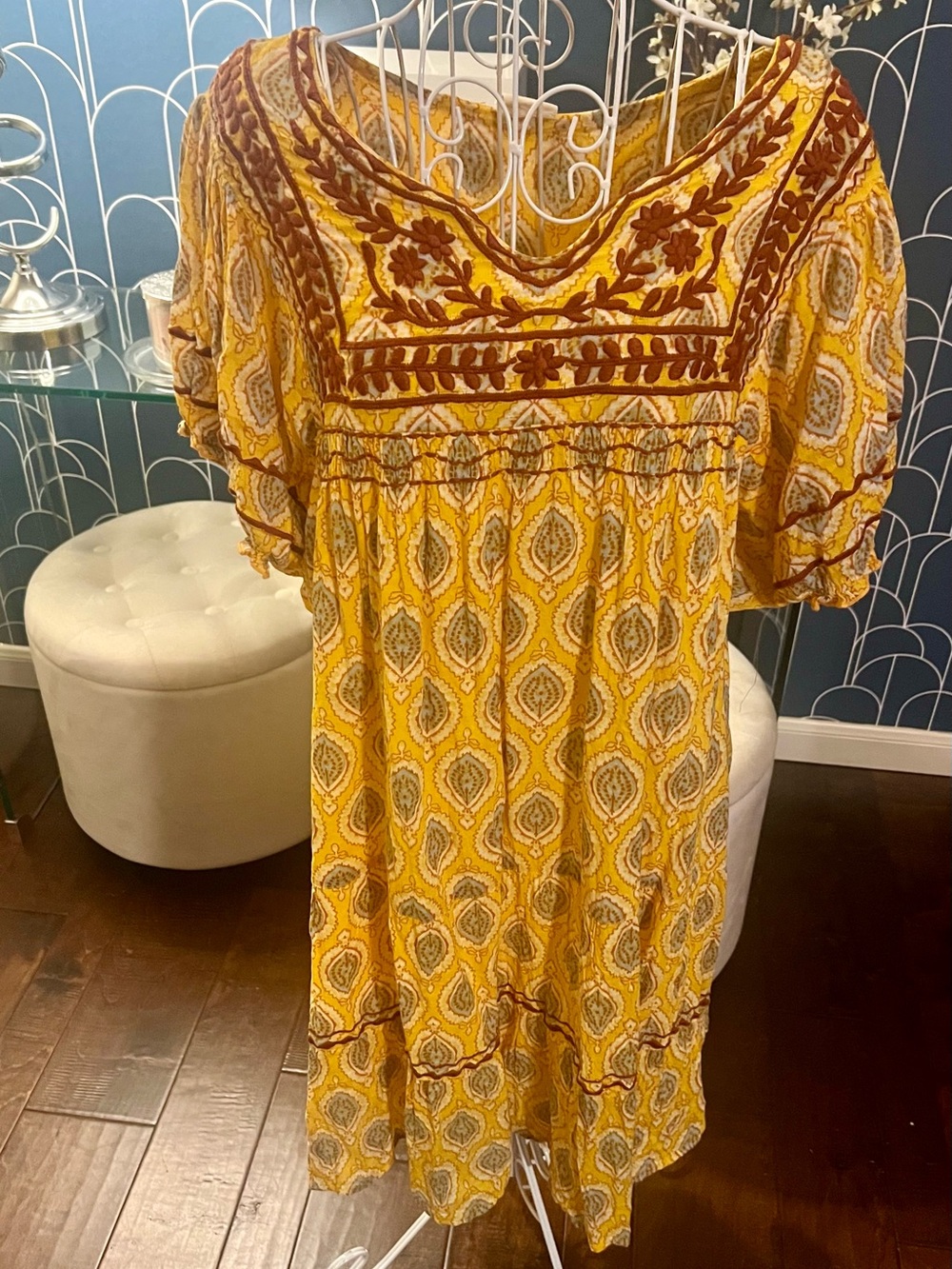 Sister Mary Women's Yellow Patterned Midi Dress with Embroidered Yoke